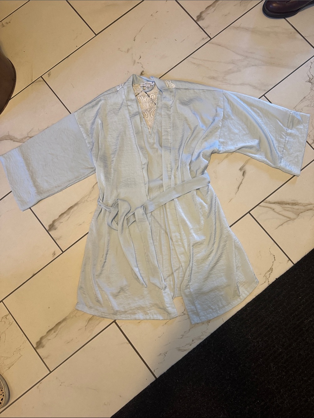 Light Blue Satin-Feel Women's Kimono Robe with Waist Tie